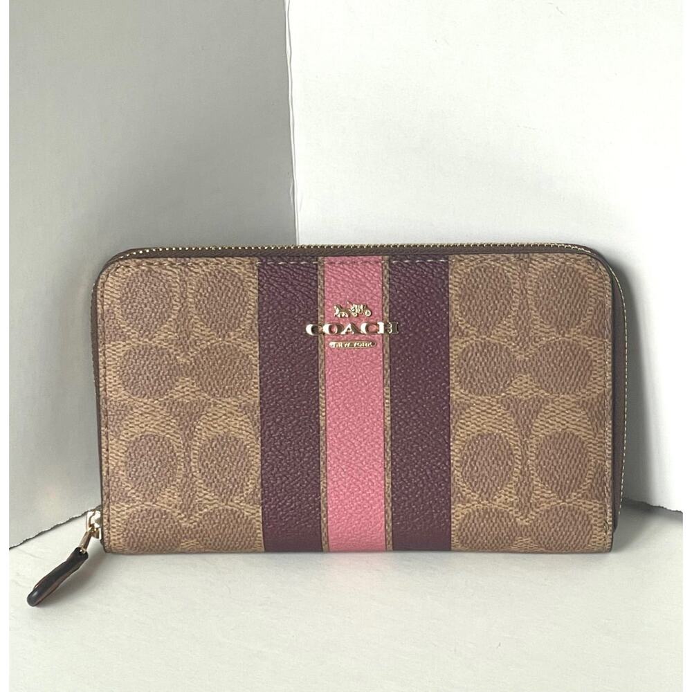 Coach Medium Zip Wallet Brown Signature Canvas Varsity Stripe ID CBO79